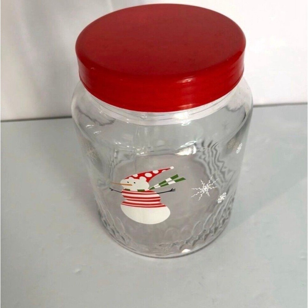 Snowman Glass Holiday Jar Canister Red Screw Top Lid Cookie Treat 64oz